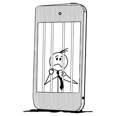 This is a pixel design illustrating the concept of digital addiction, depicting a businessman trapped behind bars inside a smartphone, symbolizing social media dependency.