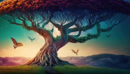 Fototapeta premium Majestic surreal tree with colorful butterflies under a vibrant sky at dusk