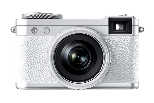 Sleek White Compact Camera with Large Lens, Isolated on White