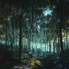 Obraz premium Dark forest with tall trees and light shining through the