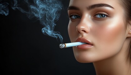 Obraz premium Close-up Portrait of a Beautiful Young Woman Smoking a Cigarette Against a Dark Background