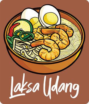 Naklejki Laksa udang, a traditional food from Indonesia in funny cartoon style.