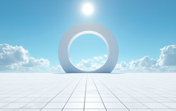 Abstract Circle Sculpture Against Blue Sky and White Tiled Ground