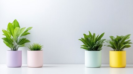 Fototapeta premium Four potted plants in pastel-colored pots arranged in a row on a white surface against a light gray wall, and minimalist indoor decor concept.