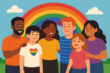 Diverse Group of LGBTQ+ Youth Smiling in Front of Rainbow