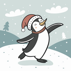 Dancing Penguin with Santa Hat in Snow – Cute Christmas Winter Vector Illustration