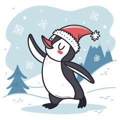 Dancing Penguin with Santa Hat in Snow – Cute Christmas Winter Vector Illustration
