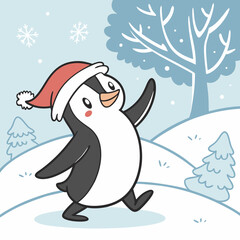 Dancing Penguin with Santa Hat in Snow – Cute Christmas Winter Vector Illustration