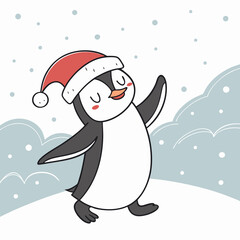 Dancing Penguin with Santa Hat in Snow – Cute Christmas Winter Vector Illustration