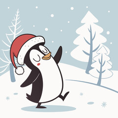 Dancing Penguin with Santa Hat in Snow – Cute Christmas Winter Vector Illustration