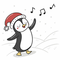 Dancing Penguin with Santa Hat in Snow – Cute Christmas Winter Vector Illustration