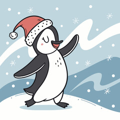 Dancing Penguin with Santa Hat in Snow – Cute Christmas Winter Vector Illustration