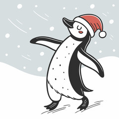Dancing Penguin with Santa Hat in Snow – Cute Christmas Winter Vector Illustration