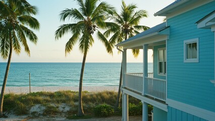 Coastal home beside a sandy beach and tranquil ocean view with palm trees.