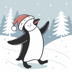 Dancing Penguin with Santa Hat in Snow – Cute Christmas Winter Vector Illustration