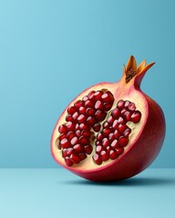 A vibrant half pomegranate showcasing its juicy arils and detailed texture against a minimalist light blue background offe a high-resolution 3 giixel image perfect for food
