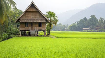 Obraz premium charming wooden Thai village house with steep roof stands amid lush green rice fields