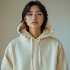 Beige Oversized Hoodie Portrait Casual Female Fashion Model Cheerful Young Woman Standing Pretty Curly Hair Lifestyle