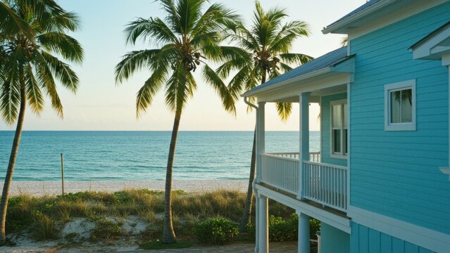 Coastal home beside a sandy beach and tranquil ocean view with palm trees.