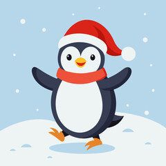 Dancing Penguin with Santa Hat in Snow – Cute Christmas Winter Vector Illustration