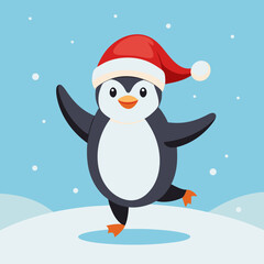 Dancing Penguin with Santa Hat in Snow – Cute Christmas Winter Vector Illustration
