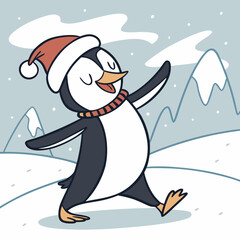 Dancing Penguin with Santa Hat in Snow – Cute Christmas Winter Vector Illustration