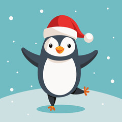 Dancing Penguin with Santa Hat in Snow – Cute Christmas Winter Vector Illustration