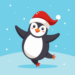 Dancing Penguin with Santa Hat in Snow – Cute Christmas Winter Vector Illustration