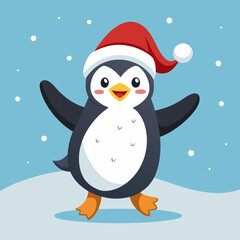Dancing Penguin with Santa Hat in Snow – Cute Christmas Winter Vector Illustration