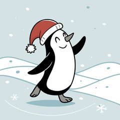 Dancing Penguin with Santa Hat in Snow – Cute Christmas Winter Vector Illustration