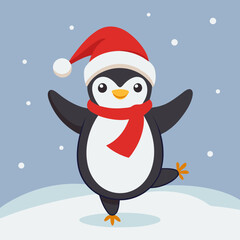 Dancing Penguin with Santa Hat in Snow – Cute Christmas Winter Vector Illustration