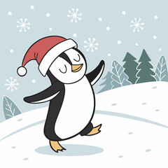 Dancing Penguin with Santa Hat in Snow – Cute Christmas Winter Vector Illustration