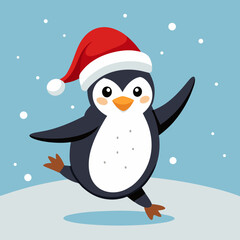Dancing Penguin with Santa Hat in Snow – Cute Christmas Winter Vector Illustration