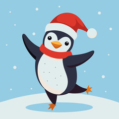 Dancing Penguin with Santa Hat in Snow – Cute Christmas Winter Vector Illustration