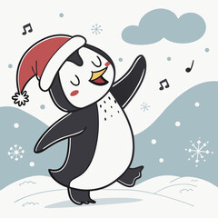 Dancing Penguin with Santa Hat in Snow – Cute Christmas Winter Vector Illustration