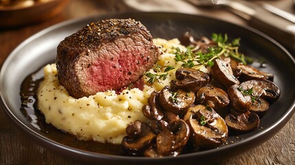 Prime beef tenderloin served with creamy black truffle mashed potatoes and sauteed wild mushrooms high-end restaurant setting