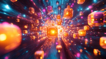 A surreal 3D arrangement of glowing cubes and spheres in a colorful, kaleidoscopic pattern