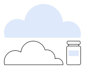 Simple cloud shapes in filled and outline style beside a container jar depict data storage, cloud computing, and organization. Ideal for technology, innovation, networking, security, minimalism