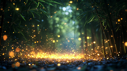 Naklejka premium Fireflies glowing in a dark bamboo forest, magical summer night