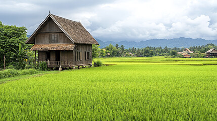 Obraz premium charming wooden Thai village house with steep roof in lush green fields