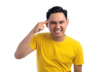 Angry young Asian man pointing his finger at temple and asking are you crazy isolated on transparent background
