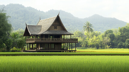 Fototapeta premium charming wooden Thai village house with steep roof in lush green fields