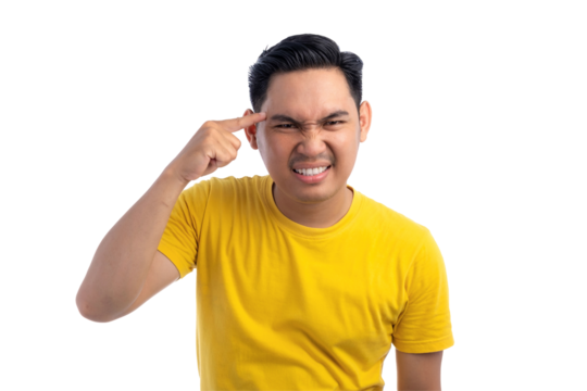 Angry young Asian man pointing his finger at temple and asking are you crazy isolated on transparent background