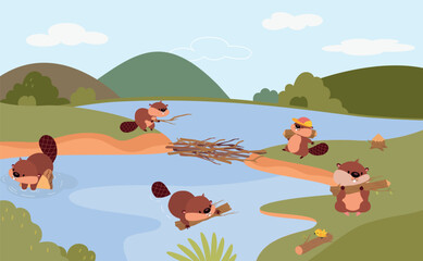 Beavers building. Cartoon beaver team build dam on river from wooden logs. Wild animals working together, funny nature characters, nowaday vector scene © MicroOne