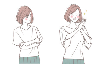  考えている女性と喜んでいる女性のセット