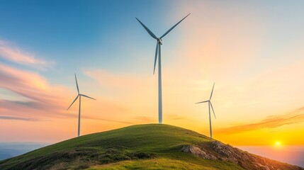Fototapeta premium Wind turbines turning on green hill at sunrise, clean energy landscape