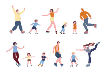 People roller skating. Seasonal outdoor hobby activity and sport training. Adults children on rollers in different poses. Cartoon flat kicky vector characters