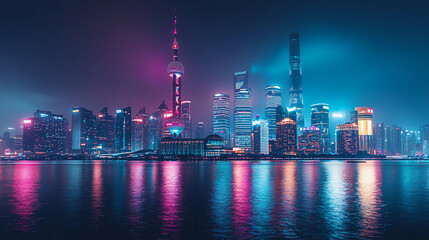 Glowing city skyline with electric aurora above, cyberpunk style