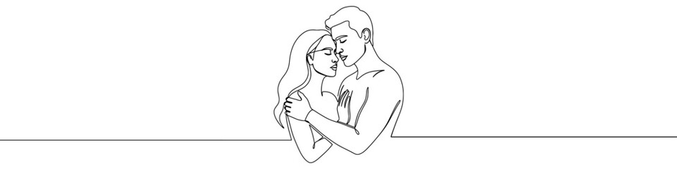 Loving couple icon drawn with one line. Black outline of a man and woman embracing, made with a single continuous line. Vector illustration.