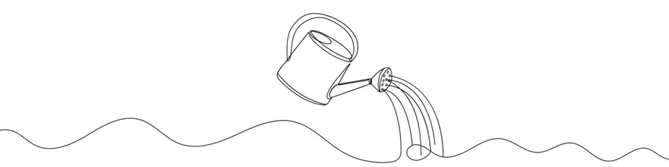 Watering can icon drawn with one line. Black outline of a watering can pouring water onto the ground, made with a single continuous line. Vector illustration. © chekman